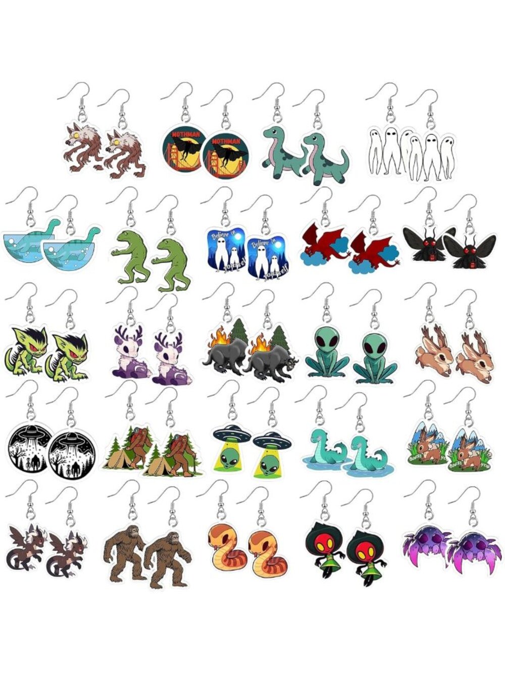24 Pairs Cryptids Themed Earrings Set - Fun Halloween Accessories & Decorations